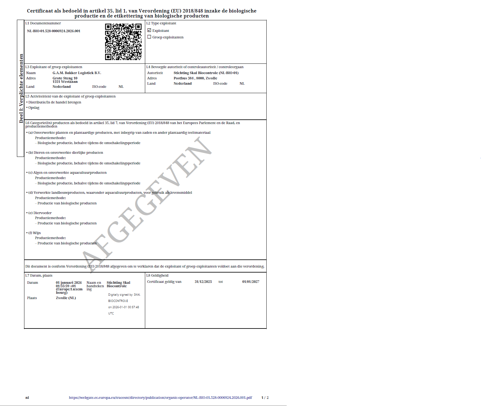 SKAL Certificaat 2026